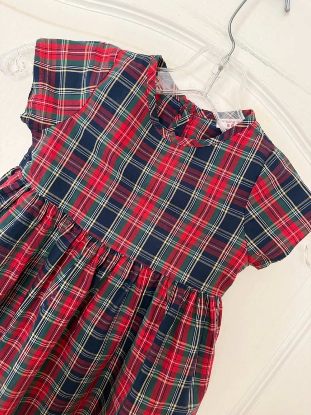 Smiling Button Girls Red & Green Plaid Short Sleeve Cotton Dress, Size 3T - Picture 3 of 10